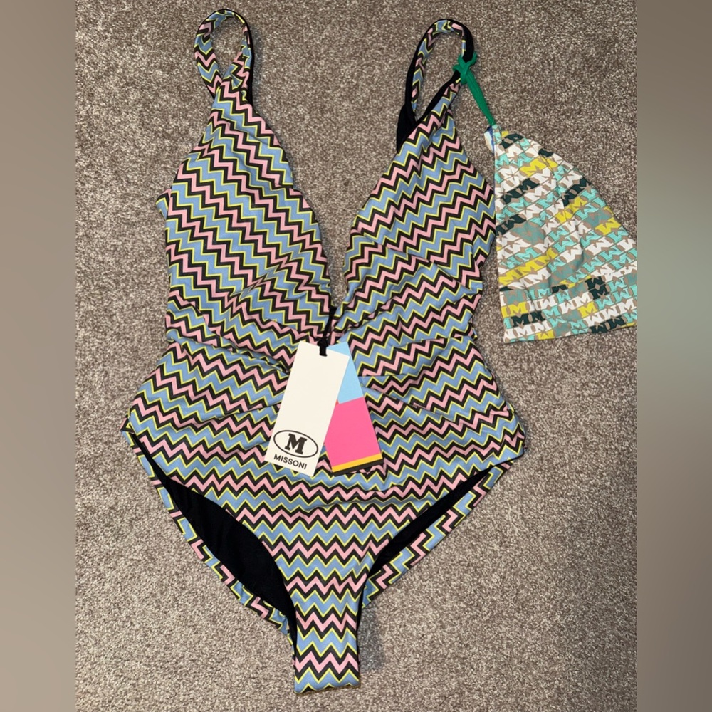 NWT Missoni Chevron Stripe Plunge One Piece Swimsuit size 44 $675 Authentic